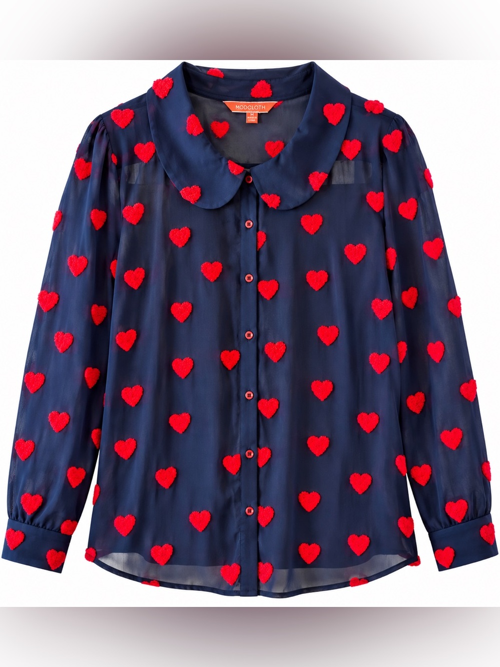 NWOT ModCloth Navy Blue & Red Textured Heart Blouse, Size Medium